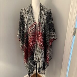 Saks Fifth Avenue Fringe Poncho Wrap Sweater RED/BLACK/GRAY PLAID